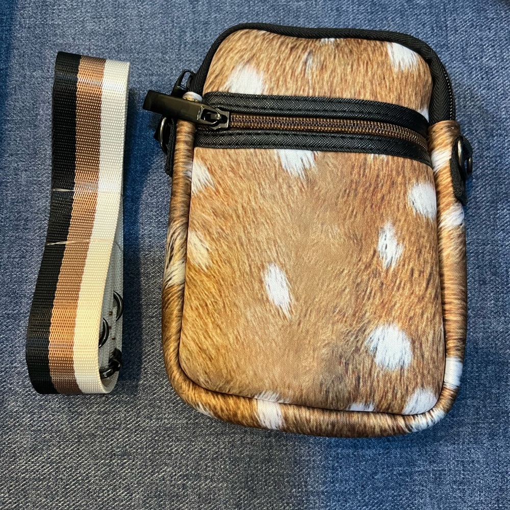 HAUTE SHORE Brown and White Crossbody Bag with Animal Print